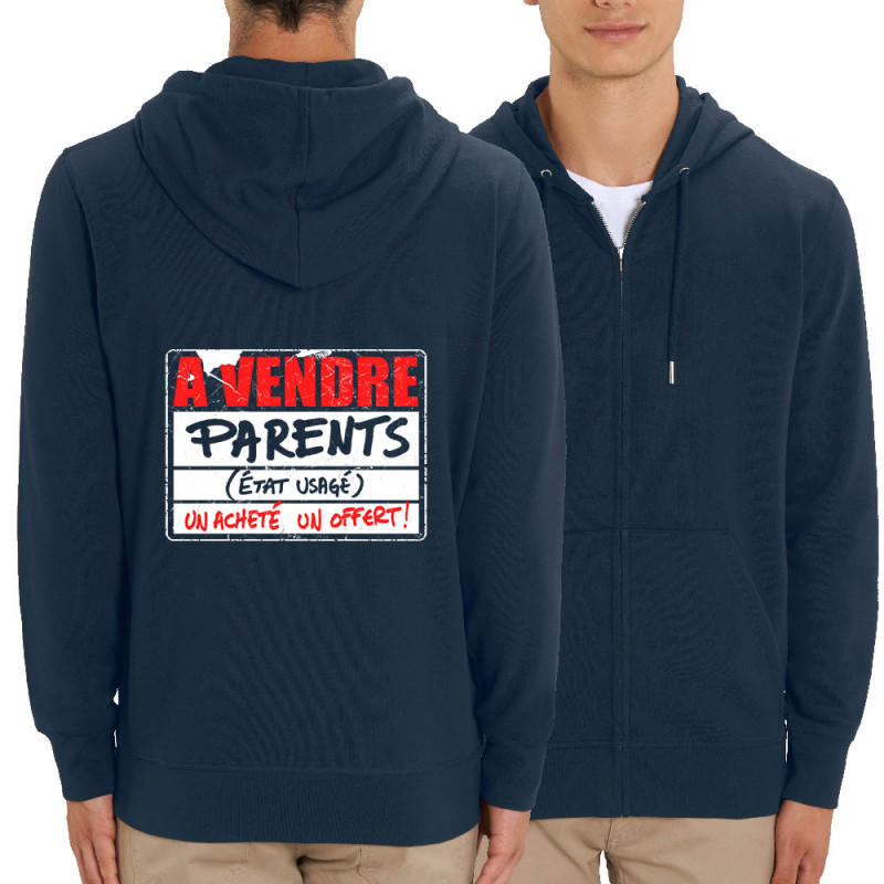 Sweat homme zippé à capuche coton bio bleu marine A vendre parents (Gondrax,Humour)