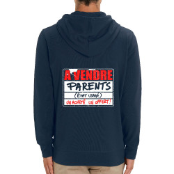Sweat homme zippé à capuche coton bio bleu marine A vendre parents (Gondrax,Humour)
