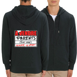 Sweat homme zippé à capuche coton bio noir A vendre parents (Gondrax,Humour)
