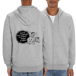 Sweat homme zippé à capuche coton bio gris chiné Trop con pour comprendre la science (Slogans engagés,Humour)