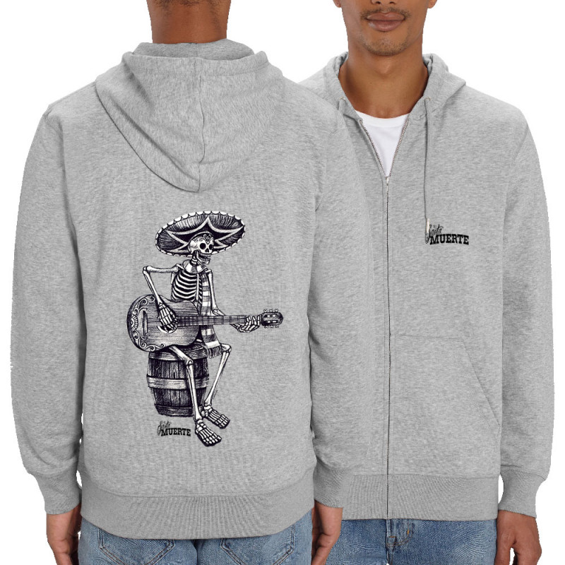 Sweat homme zippé à capuche coton bio gris chiné Santa Muerte - El Guitarrista (Santa Muerte,Têtes de morts,Rock & Punk)