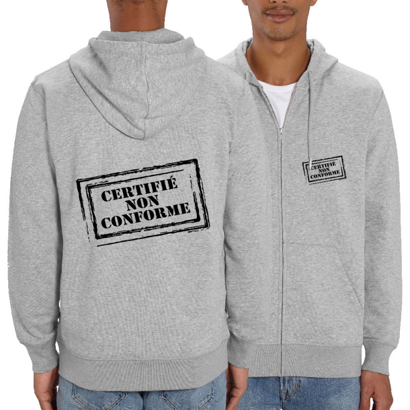 Sweat homme zippé à capuche coton bio gris chiné Certifié non conforme (Gondrax,Slogans engagés)