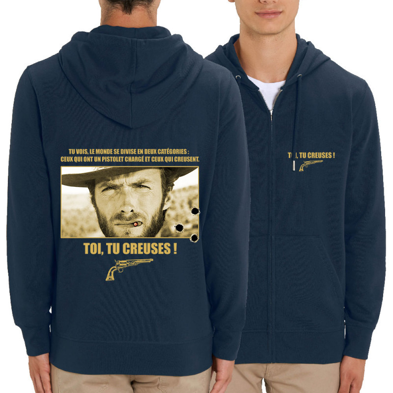 Sweat homme zippé à capuche coton bio bleu marine Toi tu creuses (Films/Séries)
