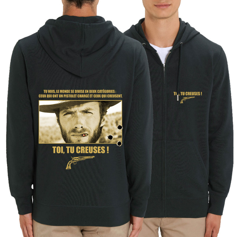 Sweat homme zippé à capuche coton bio noir Toi tu creuses (Films/Séries)