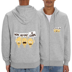 Sweat homme zippé à capuche coton bio gris chiné Non au gaz de chips (Alex Kidd,Humour,Fruits & Légumes)