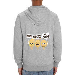 Sweat homme zippé à capuche coton bio gris chiné Non au gaz de chips (Alex Kidd,Humour,Fruits & Légumes)