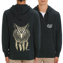 Sweat homme zippé à capuche coton bio noir Bad River - Little Owl (Bad River,Animaux,Ethnique)