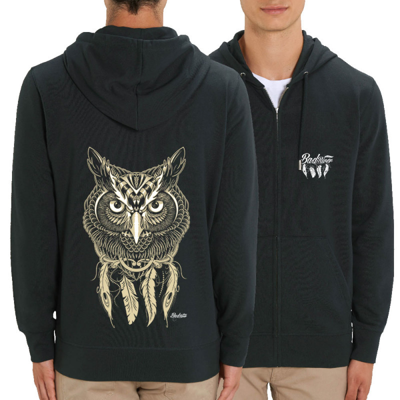 Sweat homme zippé à capuche coton bio noir Bad River - Little Owl (Bad River,Animaux,Ethnique)
