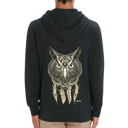 Sweat homme zippé à capuche coton bio noir Bad River - Little Owl (Bad River,Animaux,Ethnique)