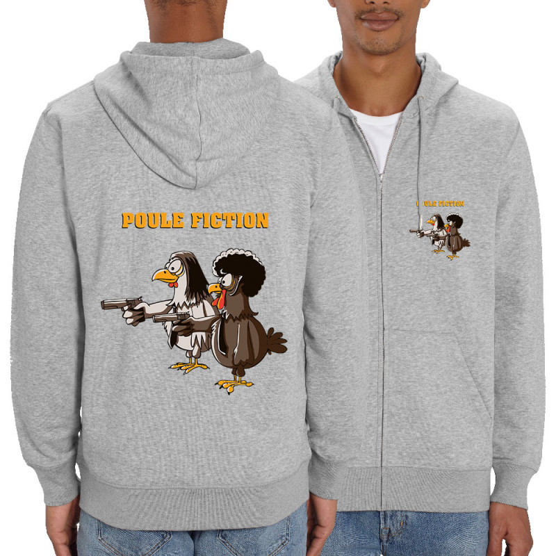 Sweat homme zippé à capuche coton bio gris chiné Poule Fiction (Mr Mouton,Animaux,Films/Séries)