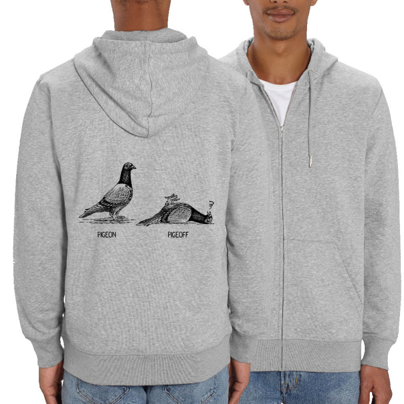 Sweat homme zippé à capuche coton bio gris chiné Pigeon Pigeoff (Gondrax,Les Bébêtes,Humour,Animaux)