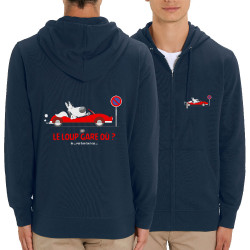 Sweat homme zippé à capuche coton bio bleu marine Le Loup se gare où (Pandaluna,Animaux,Humour)
