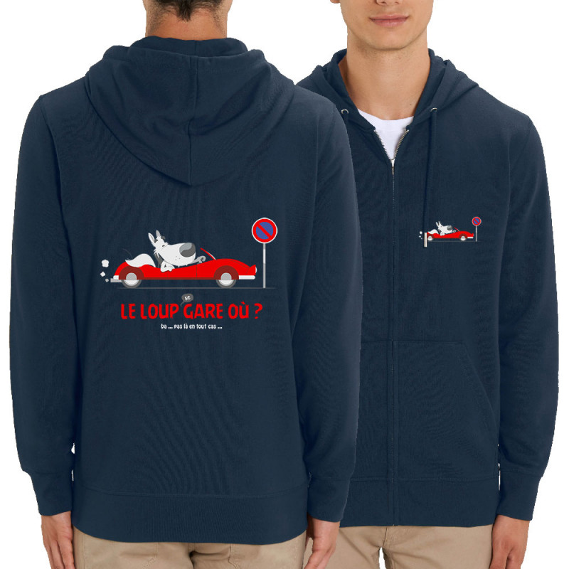 Sweat homme zippé à capuche coton bio bleu marine Le Loup se gare où (Pandaluna,Animaux,Humour)