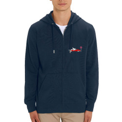 Sweat homme zippé à capuche coton bio bleu marine Le Loup se gare où (Pandaluna,Animaux,Humour)