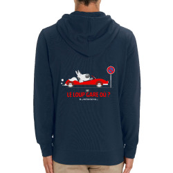 Sweat homme zippé à capuche coton bio bleu marine Le Loup se gare où (Pandaluna,Animaux,Humour)
