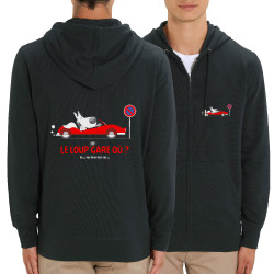 Sweat homme zippé à capuche coton bio noir Le Loup se gare où (Pandaluna,Animaux,Humour)