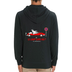 Sweat homme zippé à capuche coton bio noir Le Loup se gare où (Pandaluna,Animaux,Humour)