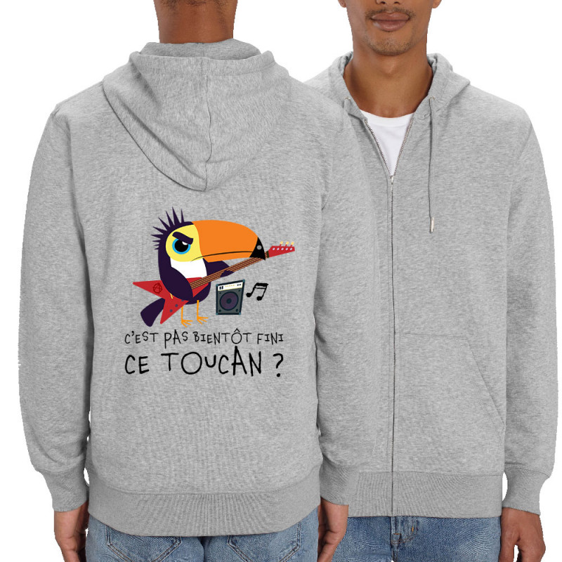 Sweat homme zippé à capuche coton bio gris chiné Fini ce toucan (Andy,Animaux,Humour)