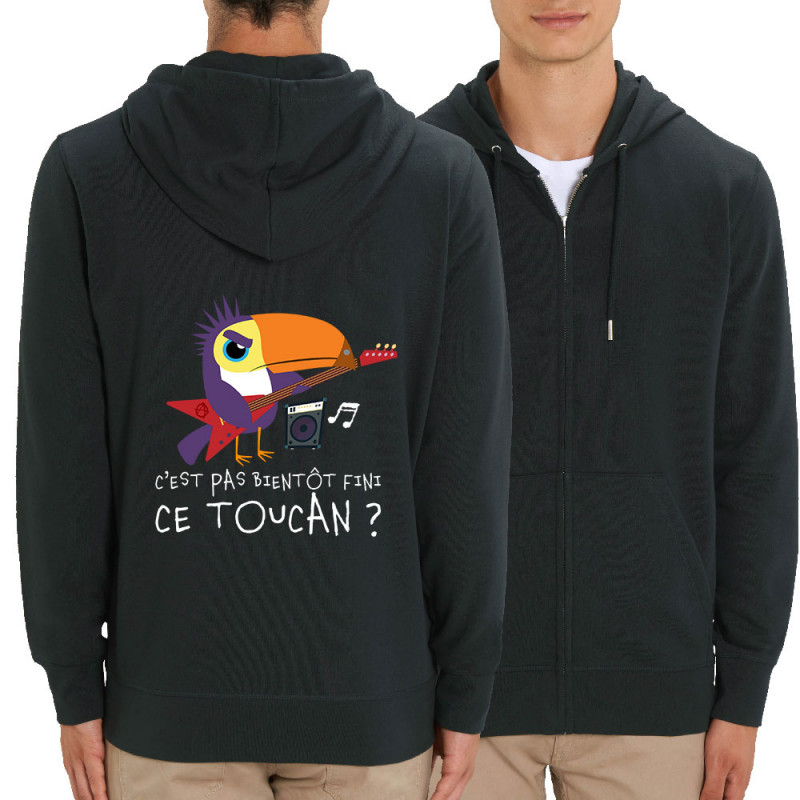Sweat homme zippé à capuche coton bio noir Fini ce toucan (Andy,Animaux,Humour)