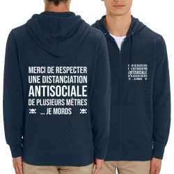 Sweat homme zippé à capuche coton bio bleu marine Distanciation Antisociale (Gondrax,Slogans Débiles,Humour)