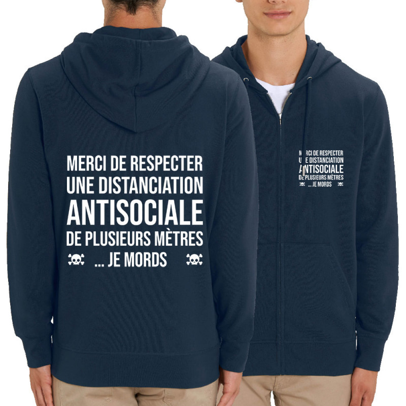 Sweat homme zippé à capuche coton bio bleu marine Distanciation Antisociale (Gondrax,Slogans Débiles,Humour)