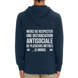 Sweat homme zippé à capuche coton bio bleu marine Distanciation Antisociale (Gondrax,Slogans Débiles,Humour)