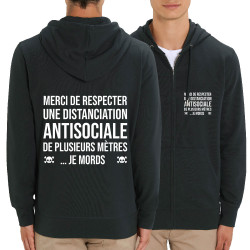 Sweat homme zippé à capuche coton bio noir Distanciation Antisociale (Gondrax,Slogans Débiles,Humour)