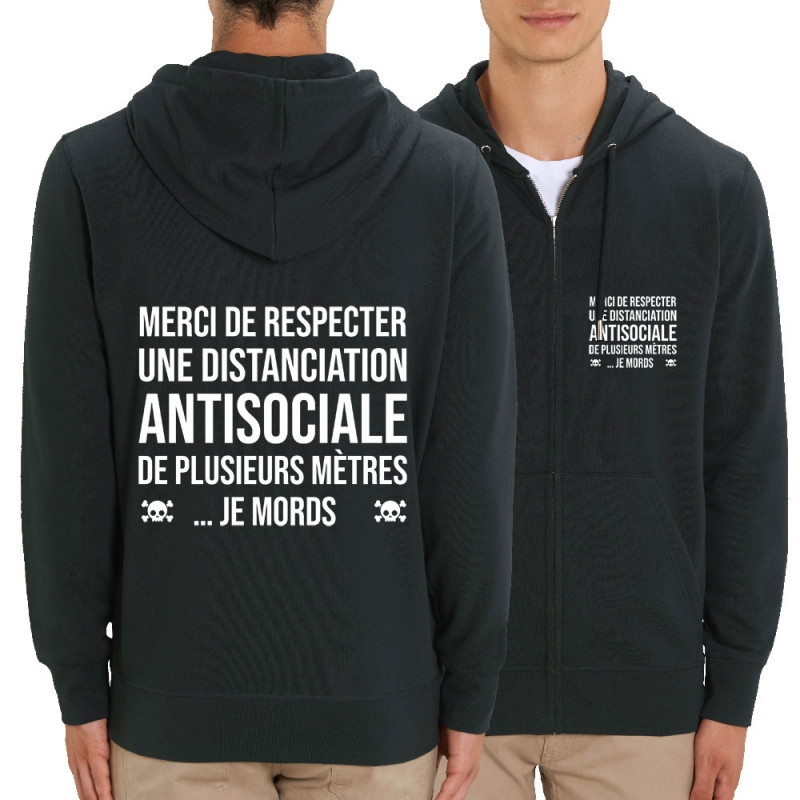 Sweat homme zippé à capuche coton bio noir Distanciation Antisociale (Gondrax,Slogans Débiles,Humour)