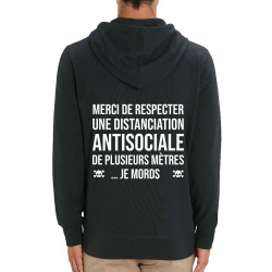 Sweat homme zippé à capuche coton bio noir Distanciation Antisociale (Gondrax,Slogans Débiles,Humour)