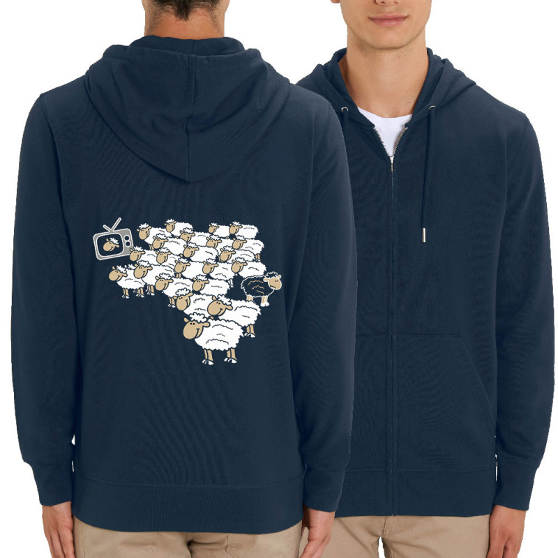 Sweat homme zippé à capuche coton bio bleu marine Moutons (Gondrax,Humour,Slogans engagés,Animaux)