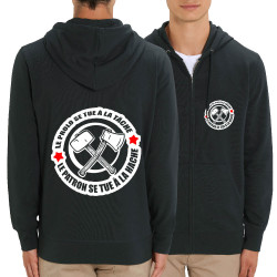Sweat homme zippé à capuche coton bio noir Le prolo se tue à la tâche (Slogans engagés)