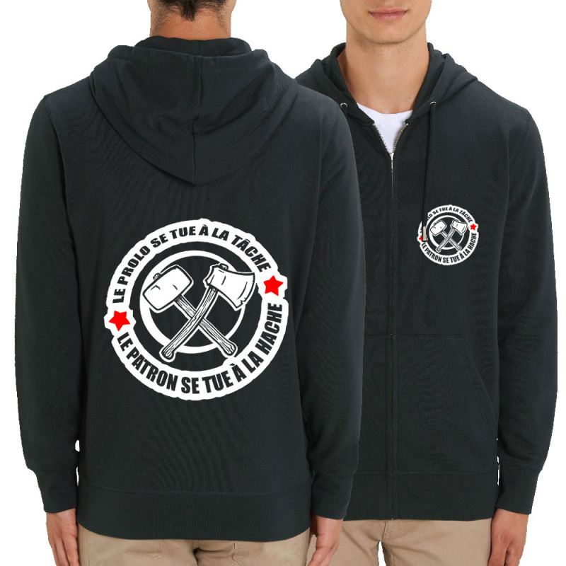 Sweat homme zippé à capuche coton bio noir Le prolo se tue à la tâche (Slogans engagés)