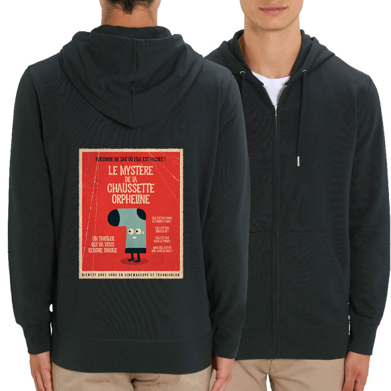 Sweat homme zippé à capuche coton bio noir Le mystère de la chaussette (Alex Kidd,Humour)