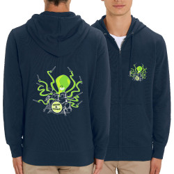 Sweat homme zippé à capuche coton bio bleu marine Poulpy Drum (Animaux,Humour,Ted Boundy)