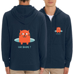 Sweat homme zippé à capuche coton bio bleu marine Chat baigne ? (Alex Kidd,Animaux,Humour,Chats)