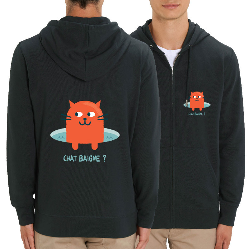 Sweat homme zippé à capuche coton bio noir Chat baigne ? (Alex Kidd,Animaux,Humour,Chats)