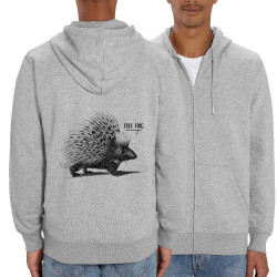 Sweat homme zippé à capuche coton bio gris chiné Free Hug (Gondrax,Les Bébêtes,Animaux)