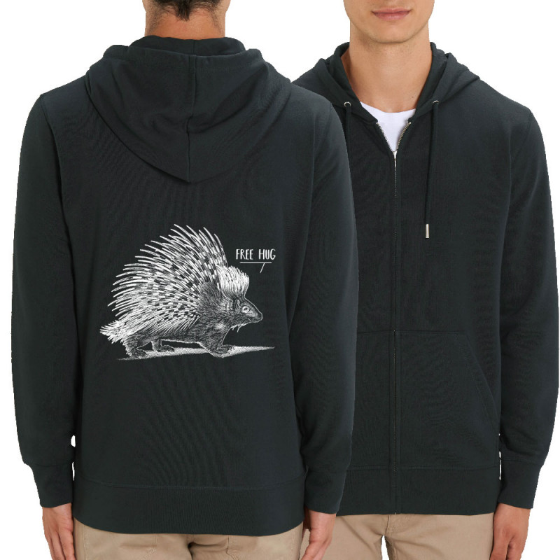 Sweat homme zippé à capuche coton bio noir Free Hug (Gondrax,Les Bébêtes,Animaux)