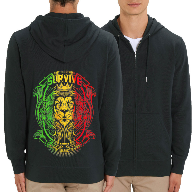 Sweat homme zippé à capuche coton bio noir Only the strong survive (Animaux,Reggae)