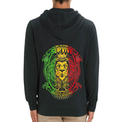 Sweat homme zippé à capuche coton bio noir Only the strong survive (Animaux,Reggae)