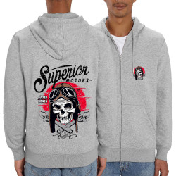 Sweat homme zippé à capuche coton bio gris chiné Copper Bones - Superior Motors (Copper Bones,Moto,Têtes de morts)