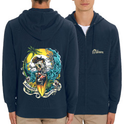 Sweat homme zippé à capuche coton bio bleu marine Santa Muerte - Surfin Skull (Santa Muerte,Têtes de morts,Skate)