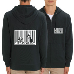 Sweat homme zippé à capuche coton bio noir Code barre prison (Slogans engagés)