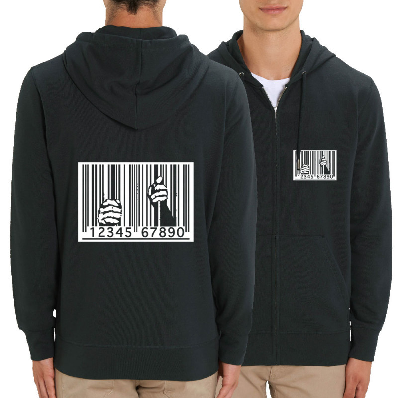 Sweat homme zippé à capuche coton bio noir Code barre prison (Slogans engagés)