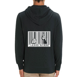 Sweat homme zippé à capuche coton bio noir Code barre prison (Slogans engagés)