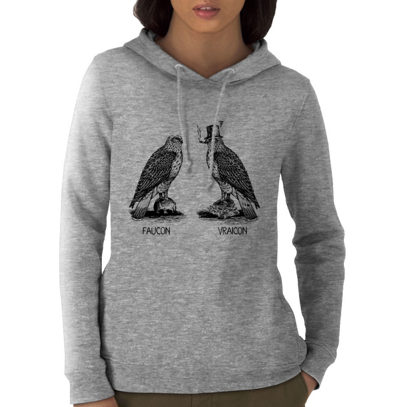 Sweat femme à capuche coton bio gris chiné Faucon Vraicon (Gondrax,Les Bébêtes,Humour,Animaux,Humour)
