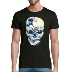 T-shirt homme coton bio noir Hokusai Wave Skull (Têtes de morts,Amazon,Hokusaï,Musée)