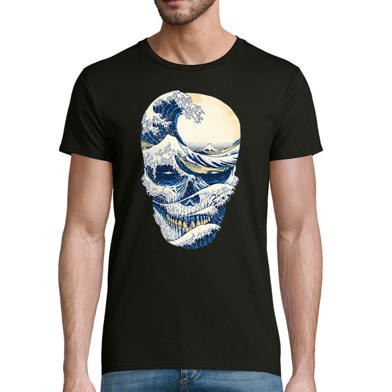 T-shirt homme coton bio noir Hokusai Wave Skull (Têtes de morts,Amazon,Hokusaï,Musée)