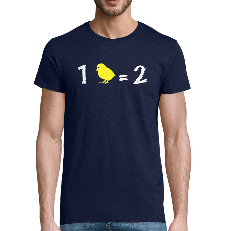 T-shirt homme coton bio bleu marine 1 poussin égal 2 (Franck,Animaux,Humour,Des chiffres et des lettres,Devoirs de vacances)