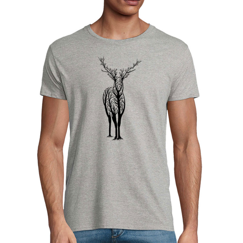 T-shirt homme coton bio gris chiné Deer Trees (Caffein Art,Animaux)